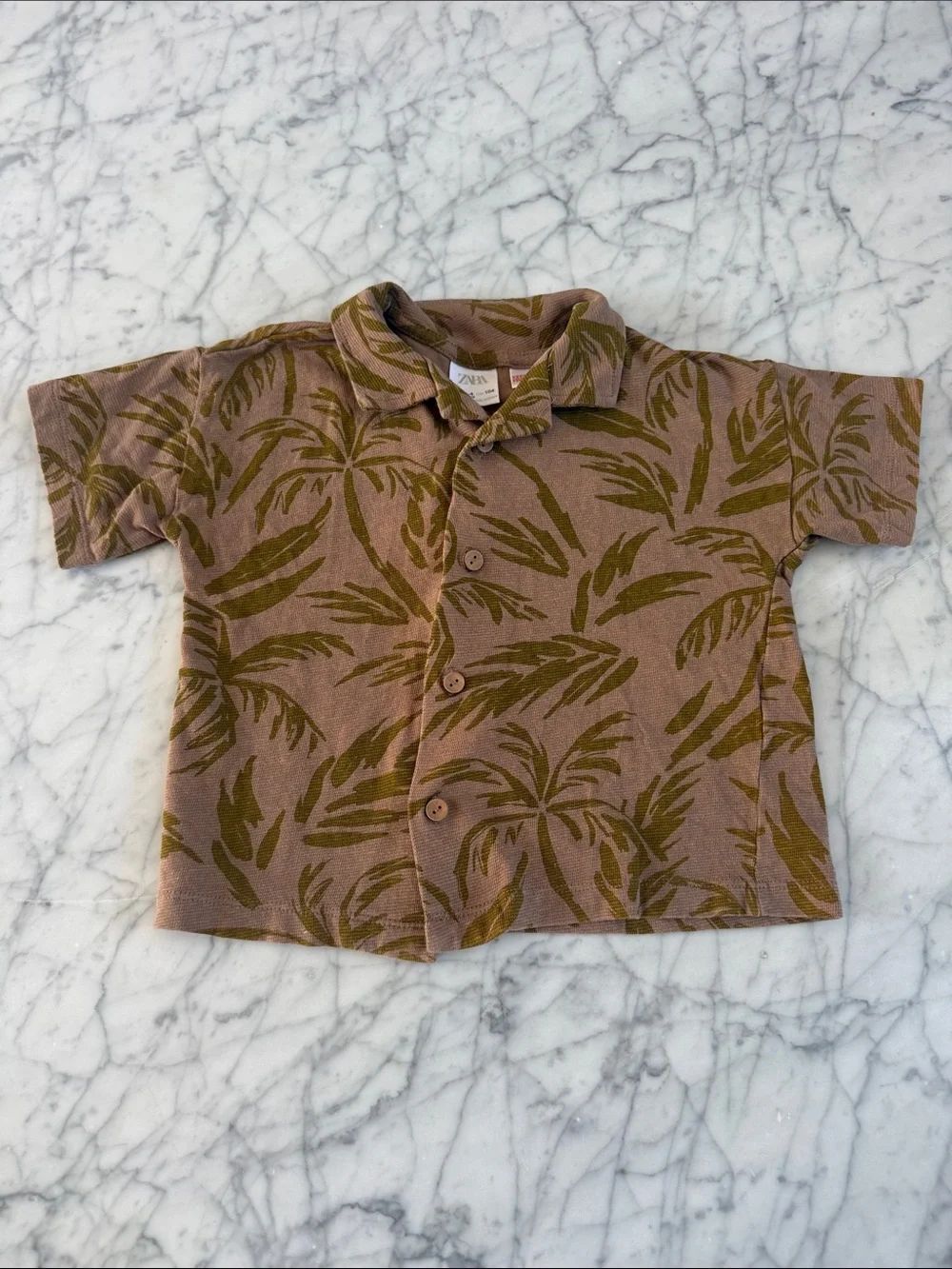 Zara Kids Sz 3/4Y Olive Palm-Print Brown Button Down Shirt Oversized Textured